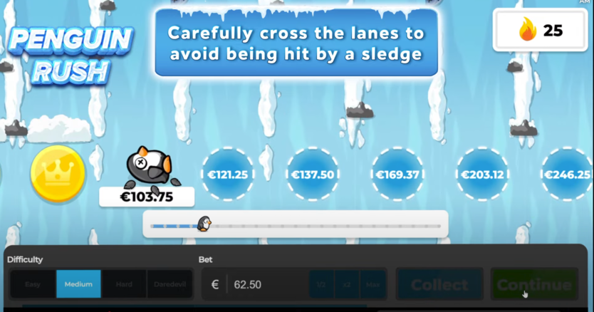 Penguin Rush cash out interface showing successful withdrawal and winnings calculation