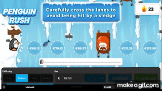 Penguin Rush crash game interface showing penguin character walking on ice with multiplier display and betting controls